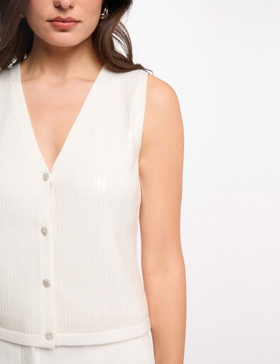 Top de malha feminino creme com botões e textura canelada