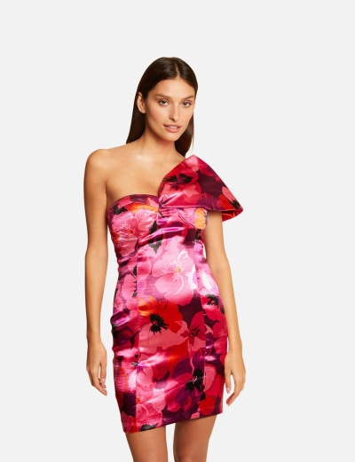 Vestido curto floral assimétrico rosa e vermelho com laço no ombro