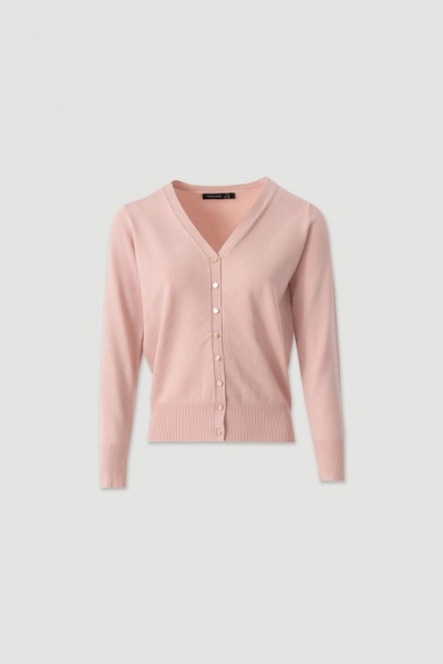 Cardigan rosa claro feminino com botões perolados