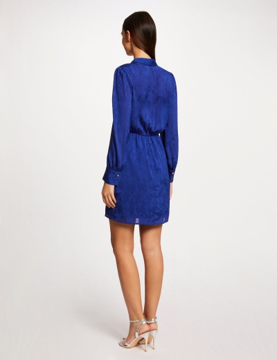 Vestido curto azul royal com padrão jacquard e mangas compridas visto de costas