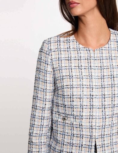 Casaco xadrez branco azul bege decote redondo