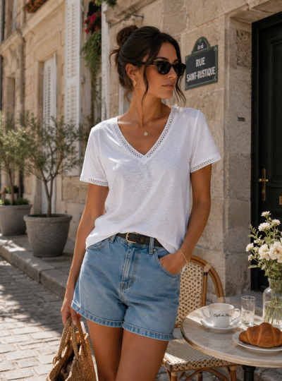 Mulher com t-shirt branca e calções de ganga numa rua com mesa de café e croissant.