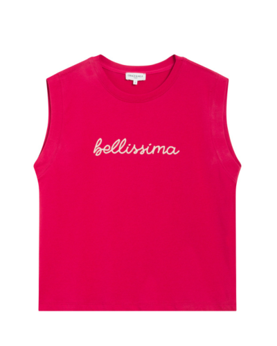 Camisola rosa sem mangas com a palavra bellissima bordada na frente