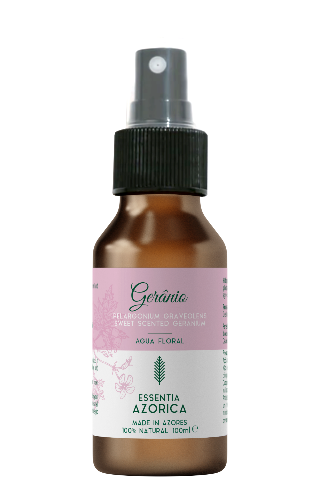Frasco castanho com spray preto e etiqueta rosa e branca de água floral de gerânio