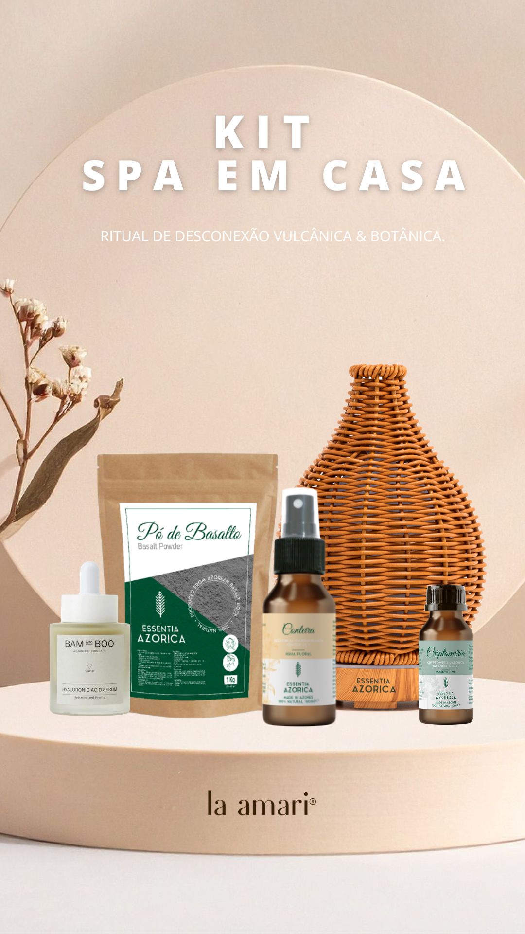 Kit SPA com produtos de cuidados pessoais e difusor em vime sobre suporte bege.
