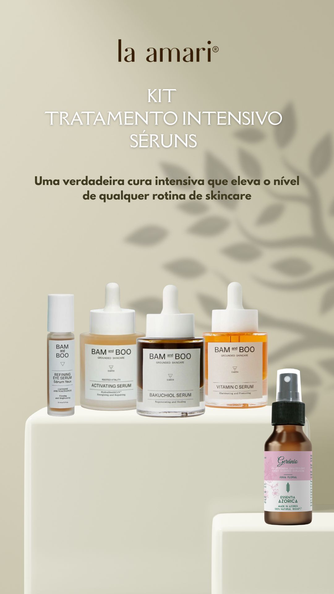 Kit la amari tratamento intensivo séruns com cinco frascos em pedestal.