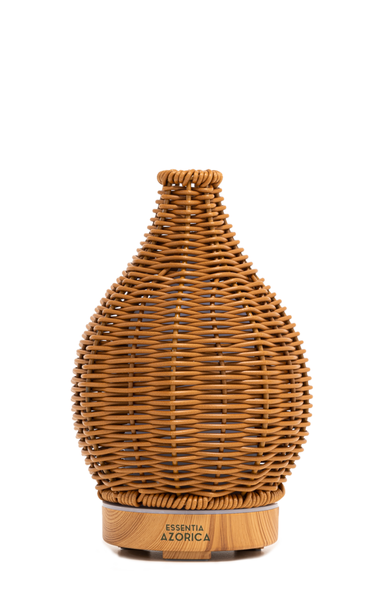 Difusor de aromas trançado castanho com base de madeira e texto ESSENTIA AZORICA