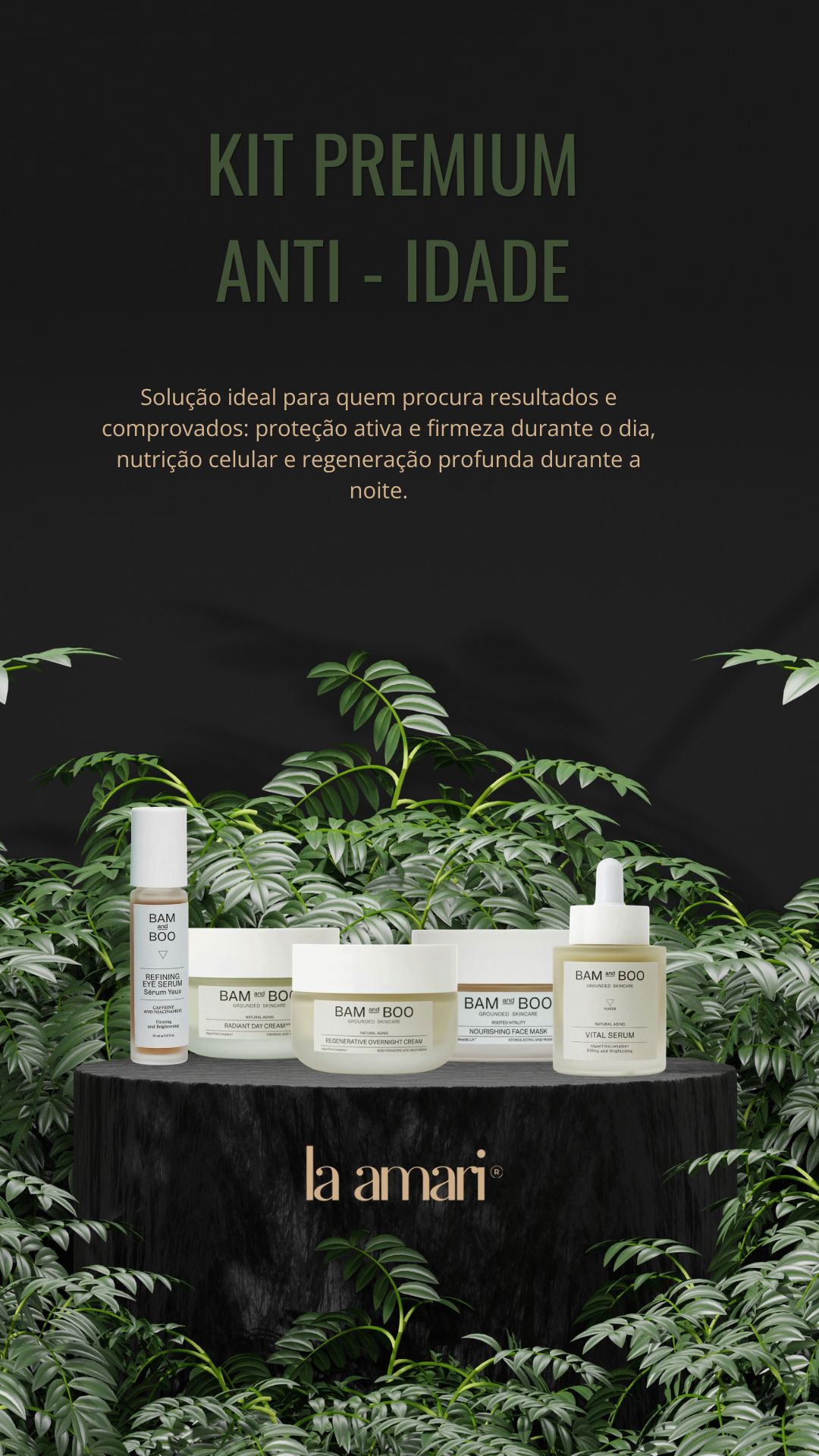 Kit premium anti-idade com cinco produtos de cuidados de pele Bam and Boo em cenário com plantas verdes e fundo preto.