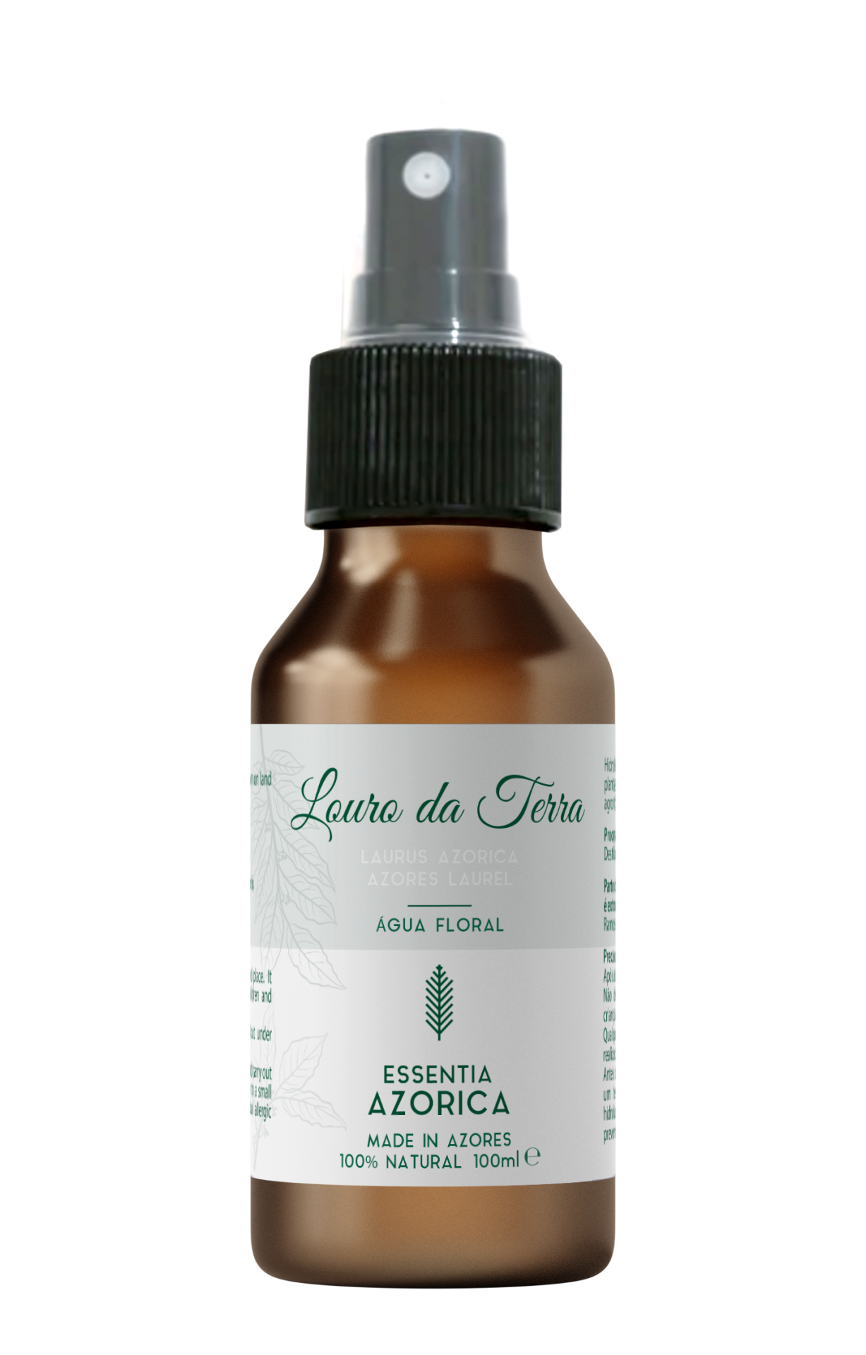 Frasco spray âmbar com tampa preta e rótulo branco com texto verde