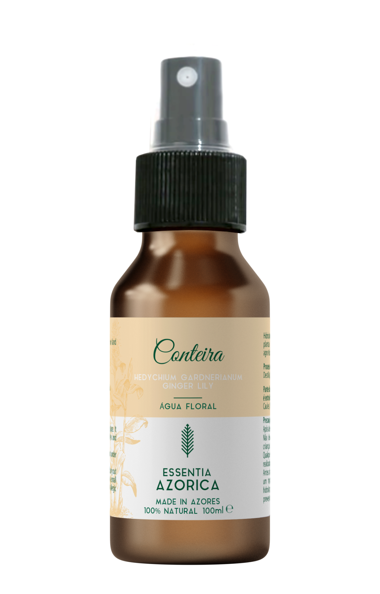 Frasco spray de vidro âmbar com rótulo de água floral Conteira