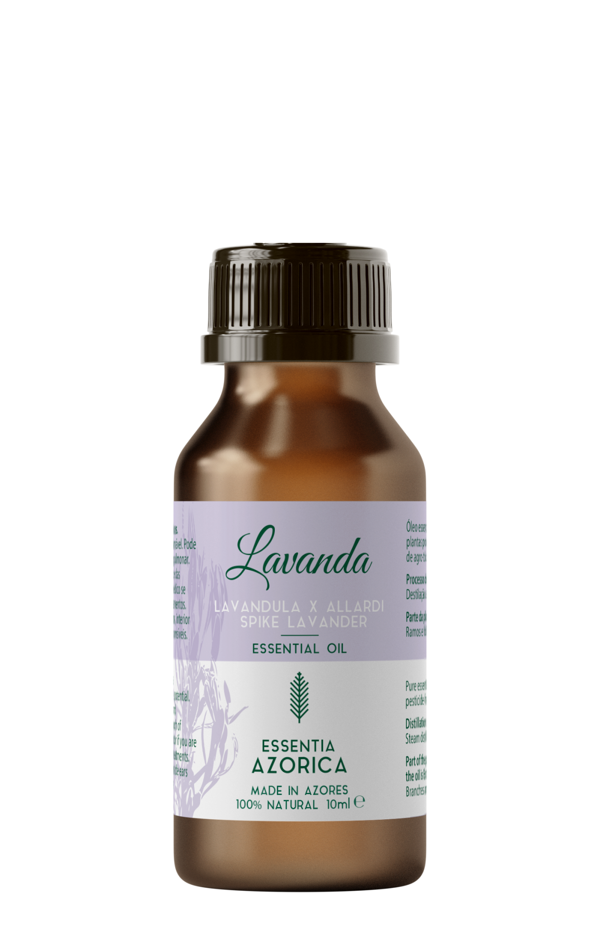 Frasco âmbar de óleo essencial de lavanda com rótulo lilás e branco