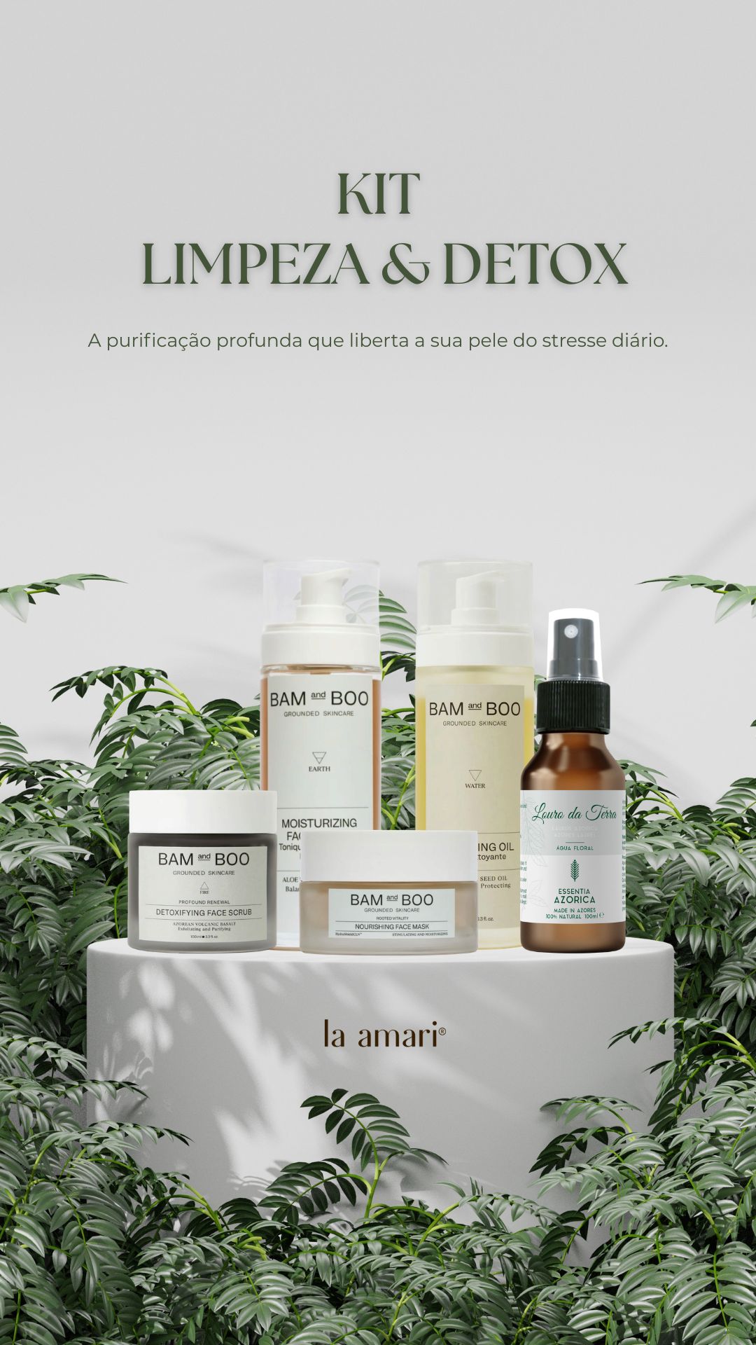 Kit de limpeza e detox com produtos BAM and BOO e Lauro da Terra num cenário com plantas verdes