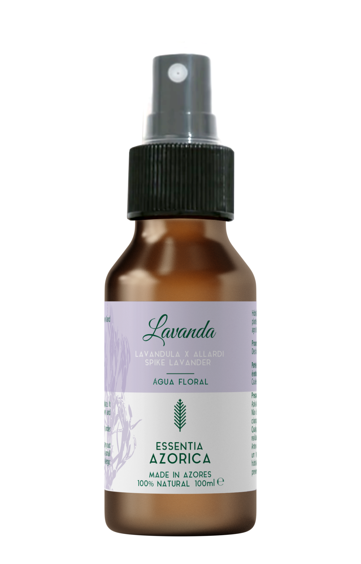 Frasco de spray marrom com rótulo de lavanda e texto verde