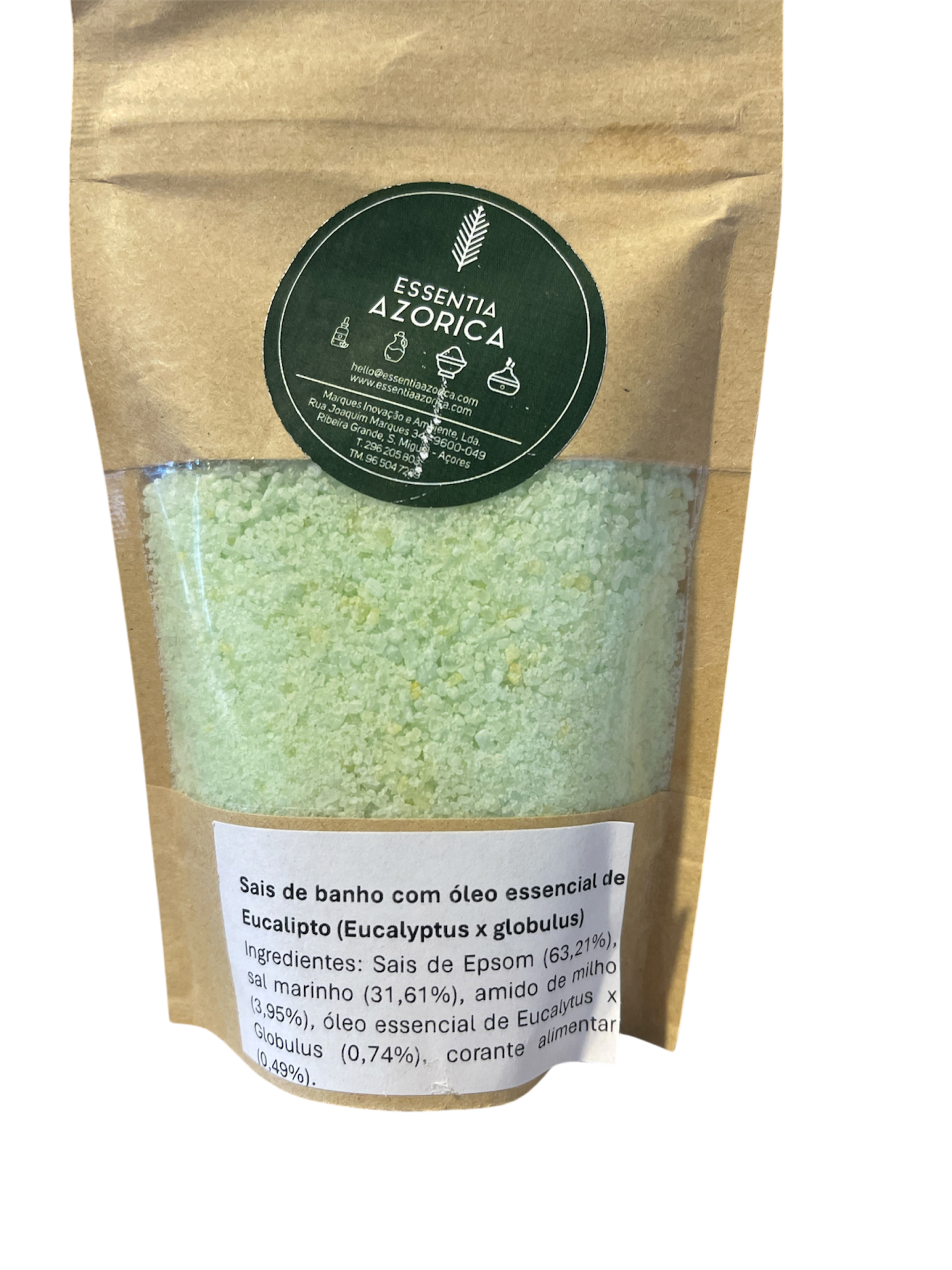 Embala de sais de banho verde claro com rótulo ESSENTIA AZORICA