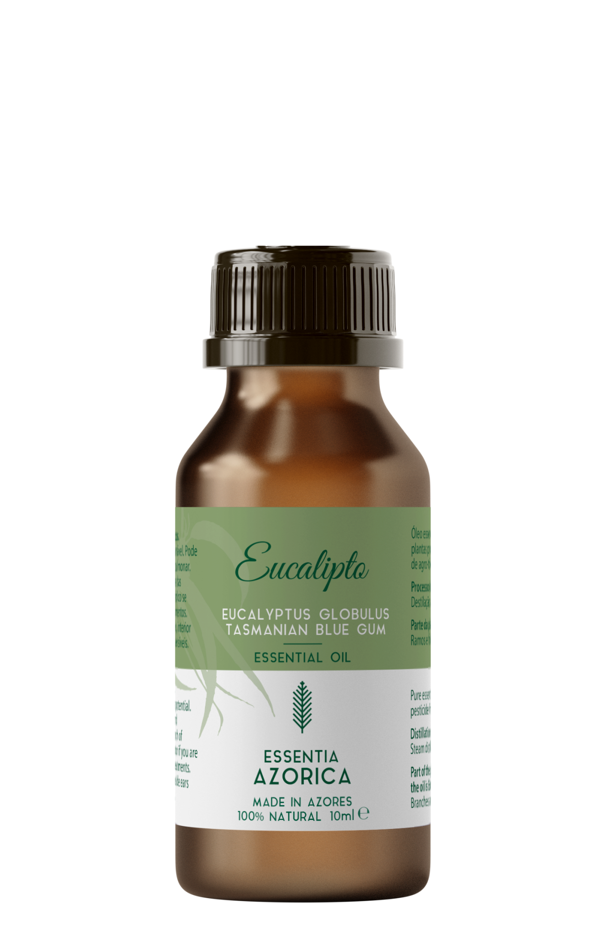 Frasco de óleo essencial de Eucalipto Essentia Azorica com rótulo verde e branco.