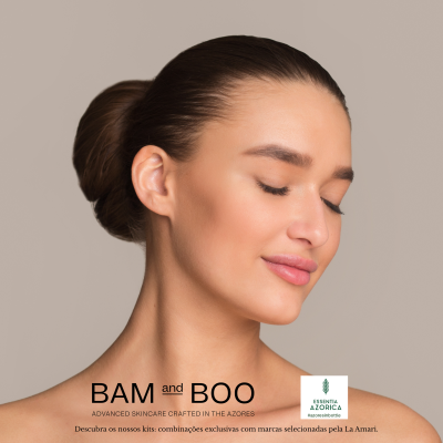 Rosto de mulher com cabelo apanhado e pele natural, texto de skincare BAM and BOO e logo ESSENTIA AZORICA