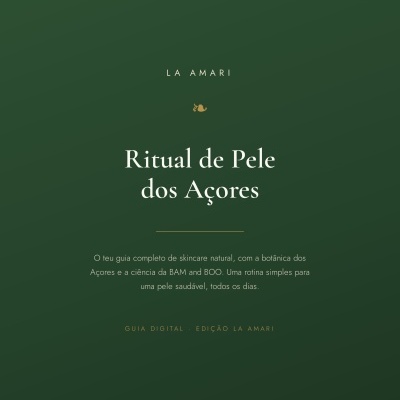 Fundo verde escuro com texto branco e amarelo de guia digital de skincare Ritual de Pele dos Açores.
