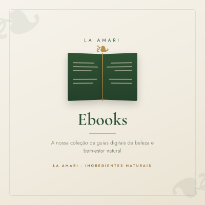 Imagem com ilustração de livro verde aberto com texto LA AMARI e palavras Ebooks e descrição em português
