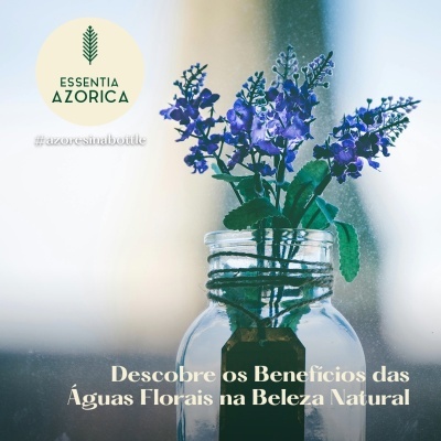 Flores roxas em vaso de vidro com etiqueta e texto promocional