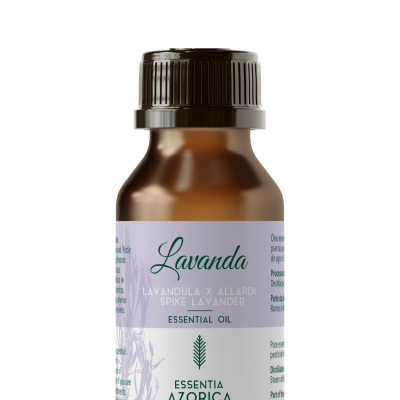 Frasco âmbar de óleo essencial de lavanda com rótulo lilás e branco
