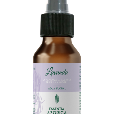 Frasco de spray marrom com rótulo de lavanda e texto verde