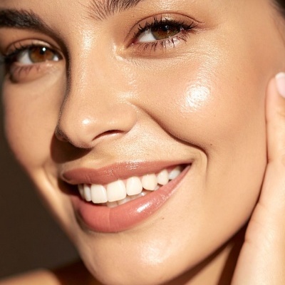 Rosto feminino de pele luminosa e sorriso