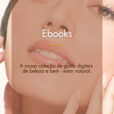 Rosto feminino com pele iluminada e texto promocional em português sobre ebooks de beleza