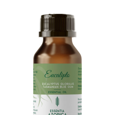 Frasco de óleo essencial de Eucalipto Essentia Azorica com rótulo verde e branco.