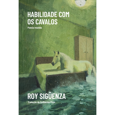 Capa de livro verde com cavalo branco deitado numa cama e texto em branco.