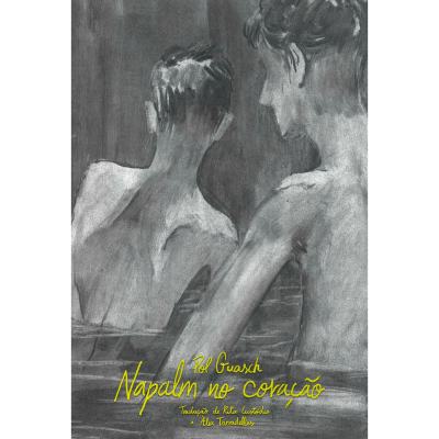 Capa de livro com ilustração a preto e branco de duas pessoas nuas vistas pelas costas e texto amarelo.