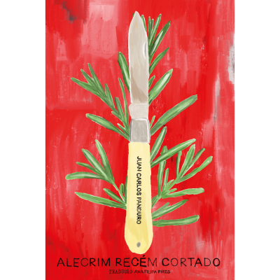 Faca com cabo amarelo e texto, folhas verdes de alecrim, fundo vermelho com texto