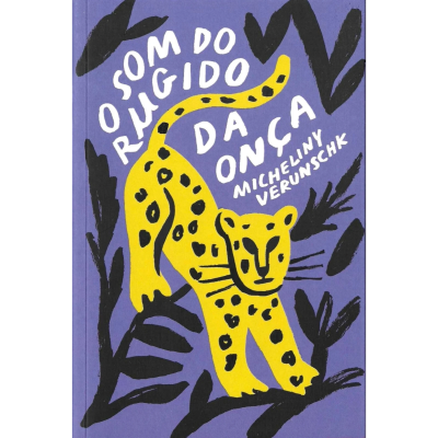 Capa de livro roxa com ilustração de onça amarela e texto branco.