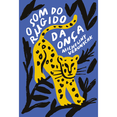 Capa de livro com ilustração de onça amarela estilizada e texto em branco sobre fundo azul