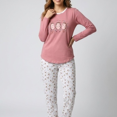 Pijama feminino rosa e branco com estampado de ouriços.