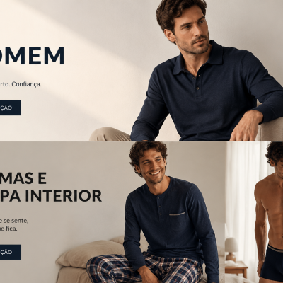 Modelos masculinos com camisa polo azul, pijama azul e xadrez, e roupa interior boxer azul escura