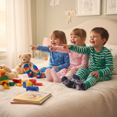 Três crianças sentadas na cama com pijamas coloridos e brinquedos ao redor
