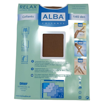 Embalagem de collants castanhos ALBA RELAX 140 den com informações técnicas