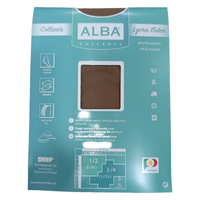 Embala de collants ALBA azul-turquesa com amostra castanha visível