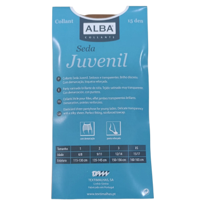 Embalagem azul de collants ALBA Seda Juvenil 15 den com tabela de tamanhos e texto descritivo.