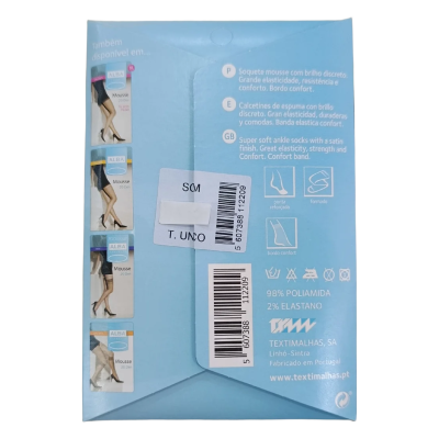 Embalagem azul clara de collants ALBA Mousse 20 Den com texto multilingue e códigos de barras