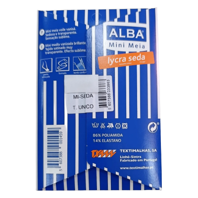 Embalagem azul com riscas brancas de meias ALBA Mini Meia lycra seda