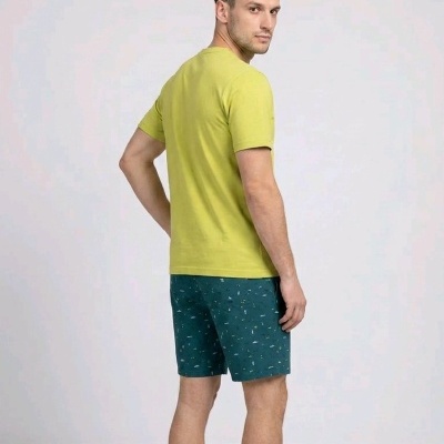 Homem de costas com t-shirt amarelo-limão e calções verdes com padrão