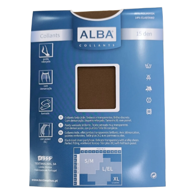 Embalagem azul de collants ALBA 15 den com amostra castanha e texto