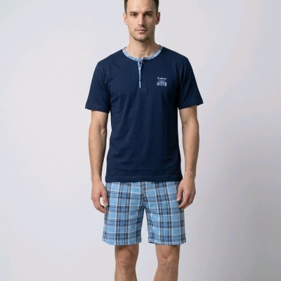 Conjunto de pijama masculino azul escuro com calções quadriculados azuis claros