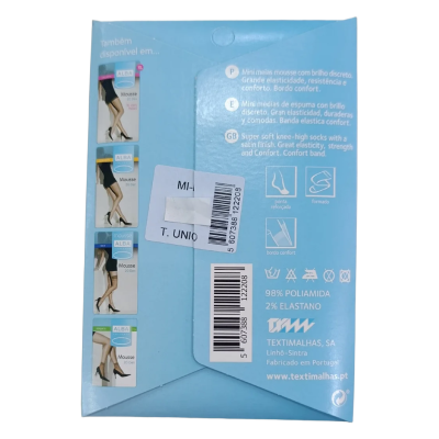 Embalagem azul de mini meias mousse ALBA com texto e códigos