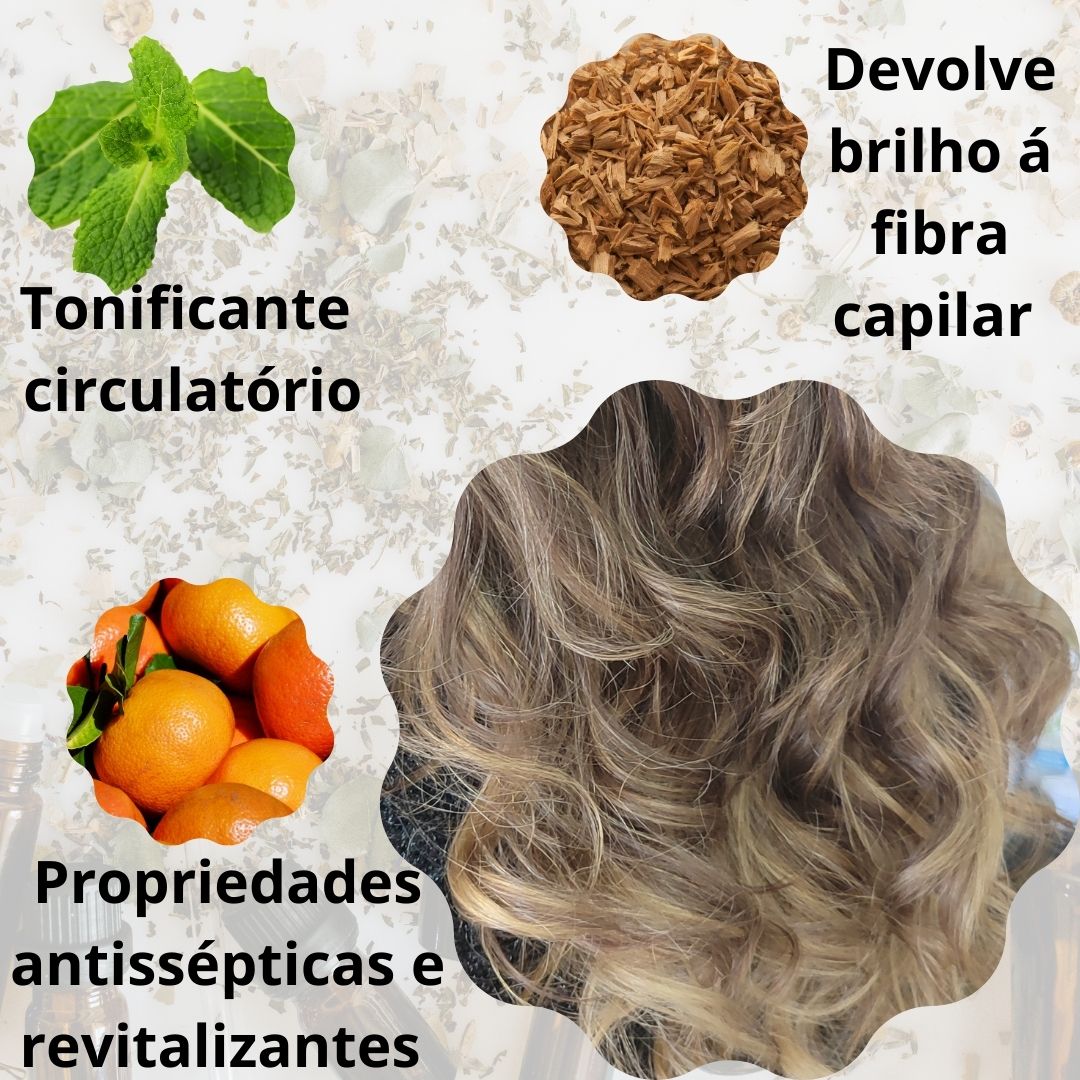 Ingredientes naturais e cabelo loiro com texto sobre benefícios para cabelo