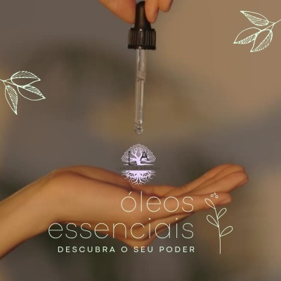 Conta-gotas a deixar cair óleo essencial na mão com texto promocional