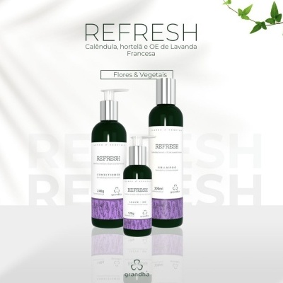 Produtos de cuidado pessoal REFRESH da Grandha com rótulos brancos e frascos verdes