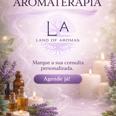 Frascos de óleos essenciais, flores de lavanda e velas acesas para aromaterapia com texto promocional em português