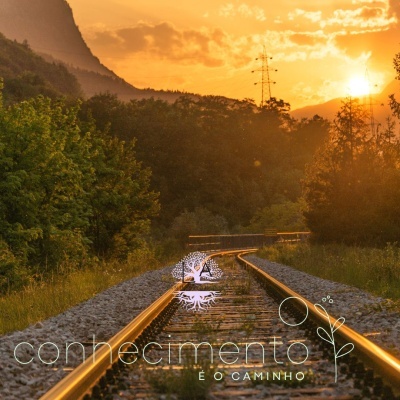 Linhas férreas ao pôr do sol com texto motivacional em português.